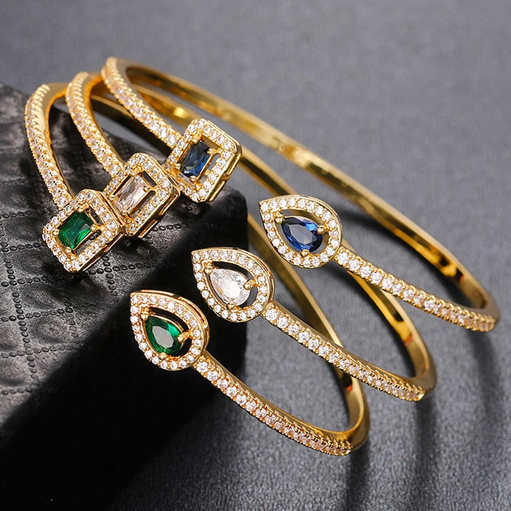 Huitan Luxury Green/White/Blue Cubic Zirconia Cuff Bracelet Bangle for Women Good Quality Female Hand Jewelry 2022 Drop Shipping