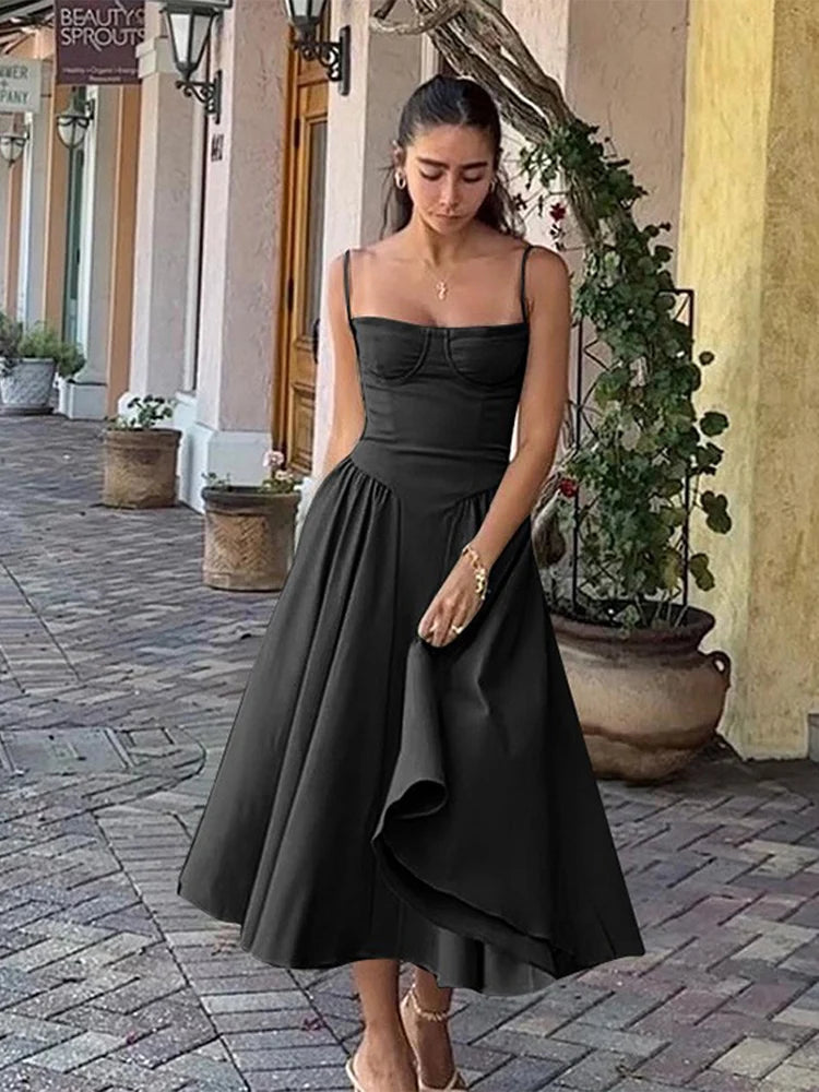 Sexy Solid Pleated Hem Sling Dress Women Fashion Midi Sleeveless Backless Dresses Female 2024 Summer Party Evening A-line Robes